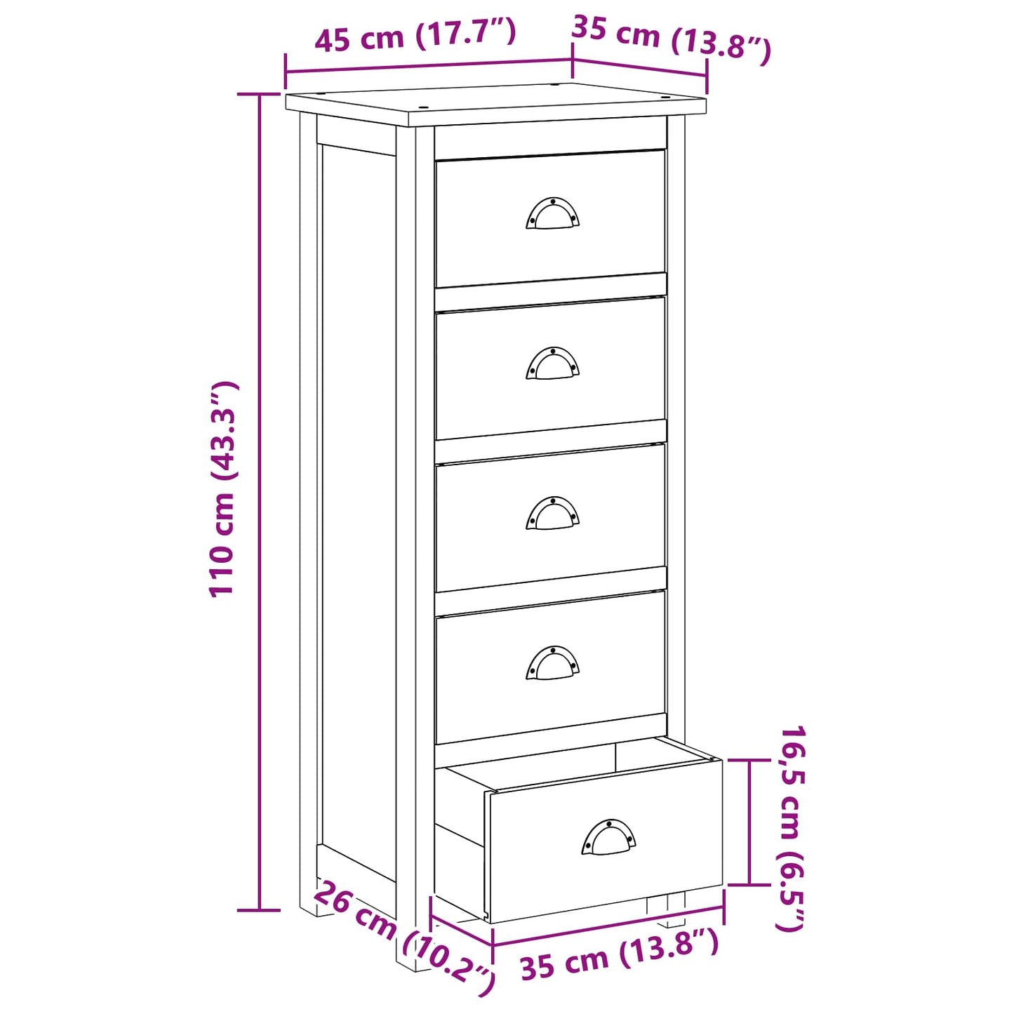 Kommode mit Schubladen Natur 45 x 35 x 110 cm Massivholz Teak