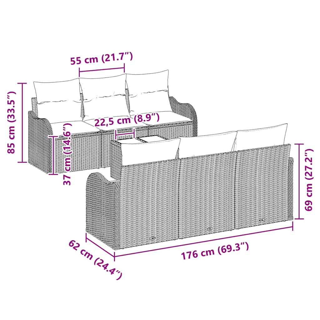 Gartensofa-set 7 pcs Grau Poly-Rattan und Stahl und Glas