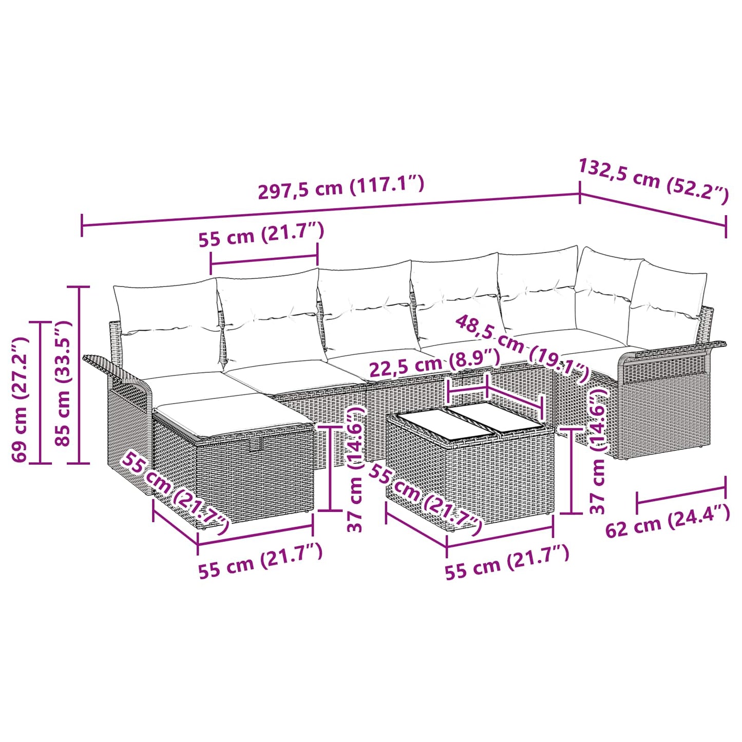 Gartensofa-set mit Kissen 8 pcs Schwarz und Türkis Poly-Rattan