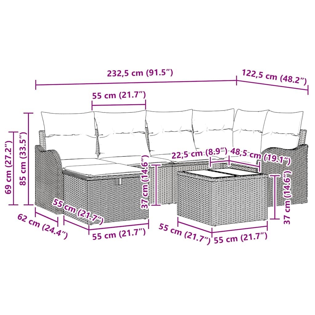 Garten-Sofa-Set mit Kissen 7 pcs Schwarz Poly Rattan
