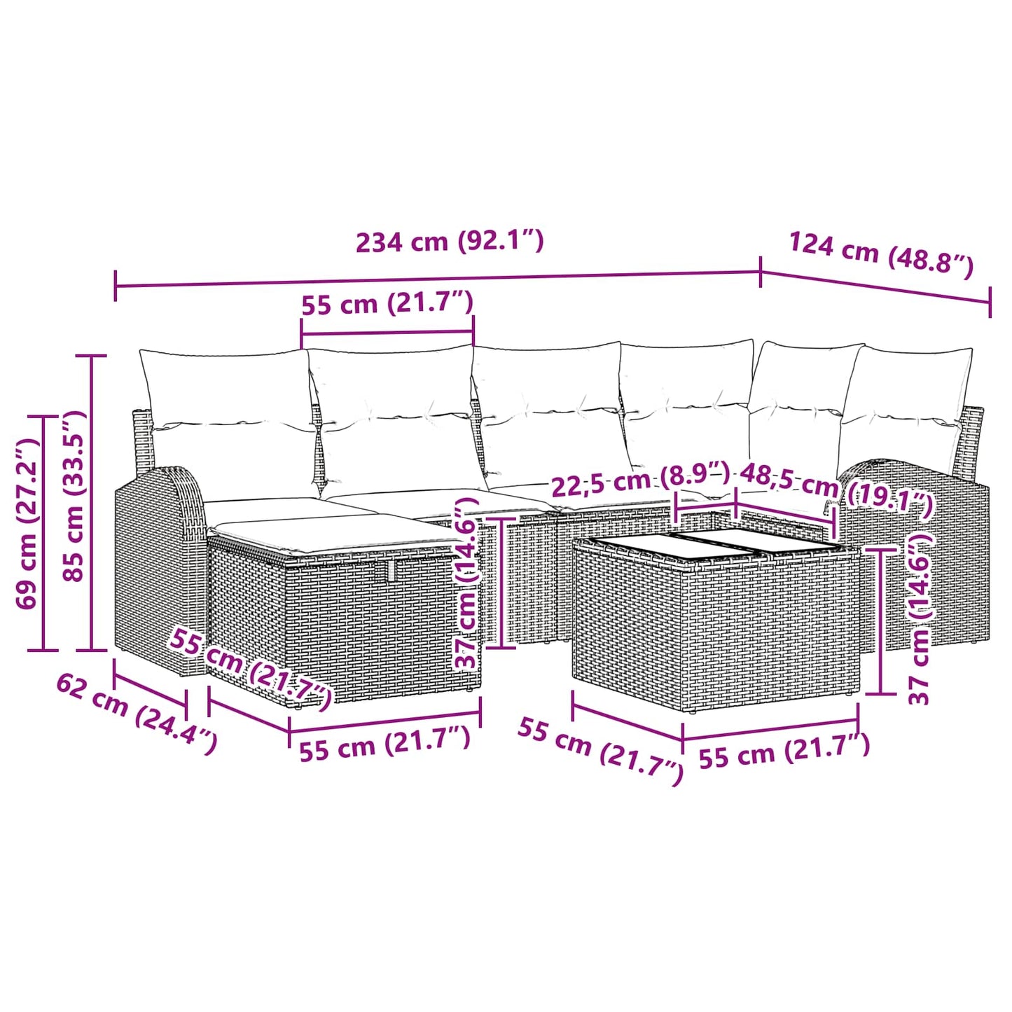 Sofa Set mit Kissen mit Speicher Braun und Rot Poly-Rattan