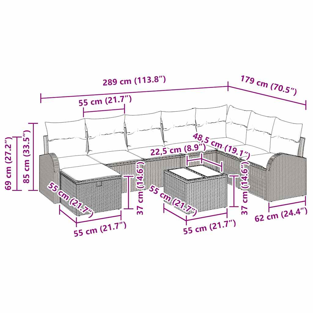 Sofa Set mit Kissen 9 pcs Braun und Creme Poly-Rattan