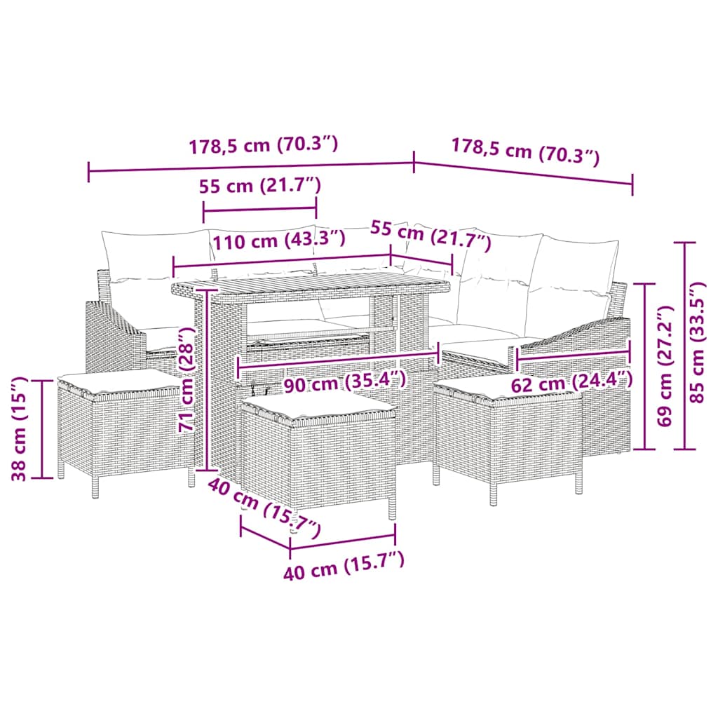 Gartensofa-set mit Kissen mit Speicher 9 pcs Beige Poly Rattan