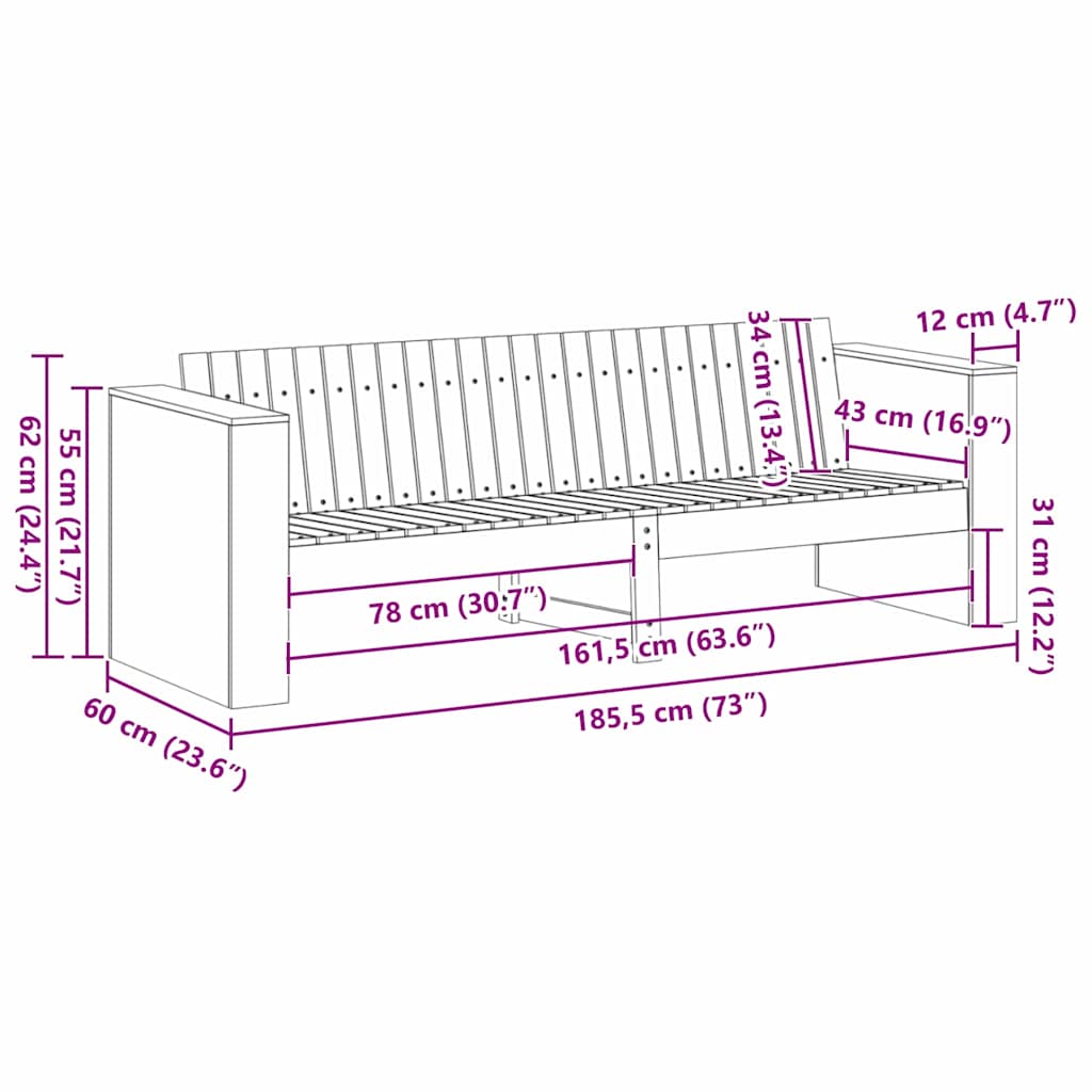 Garten-Sofa Braun 185,5 x 60 x 62 cm Massives Kiefernholz