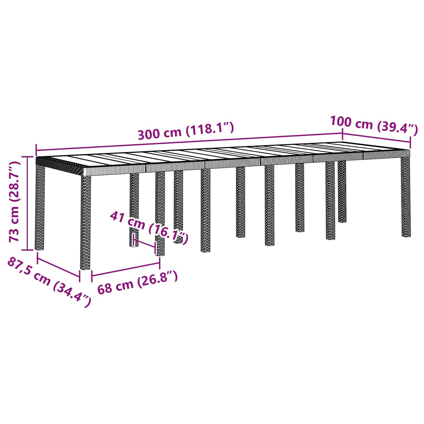 Gartentisch Anthrazit 300 x 100 x 73 cm Poly-Rattan