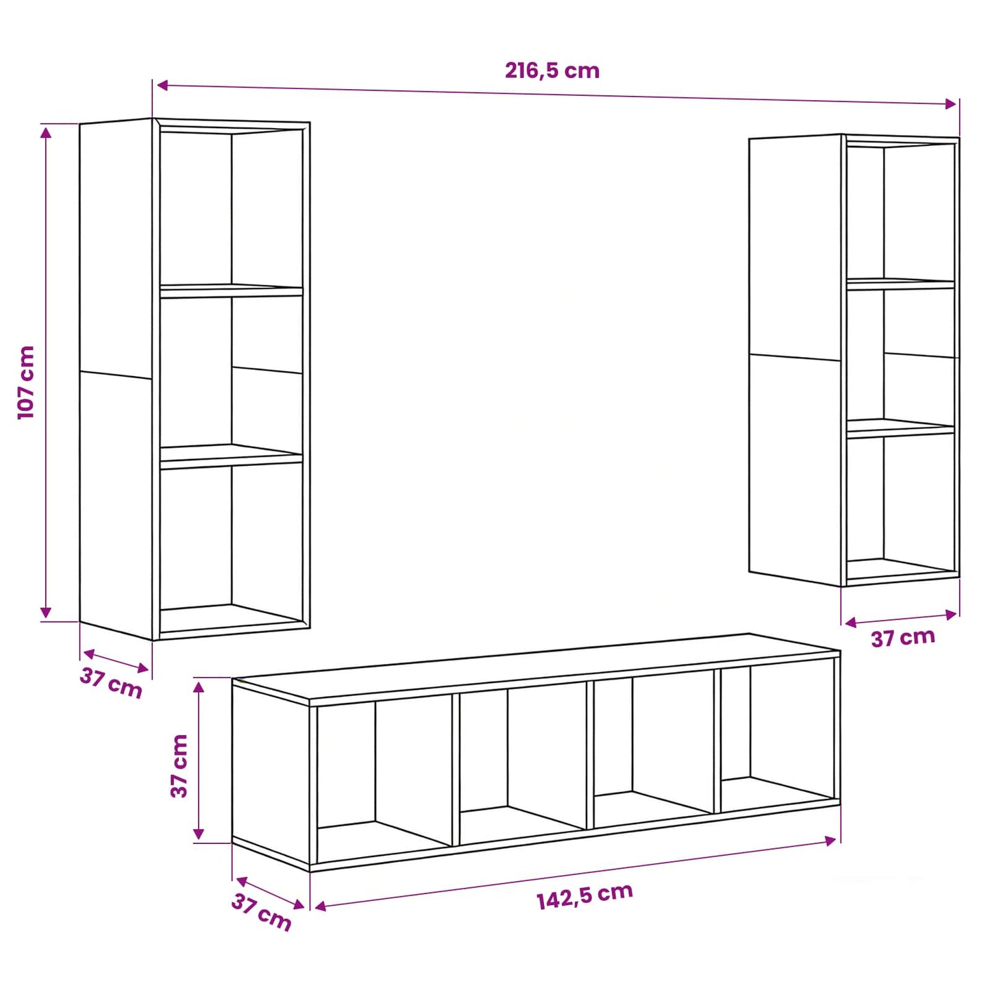 TV-Schrankset 3 pcs Schwarz Eichen-Optik Holzwerkstoff