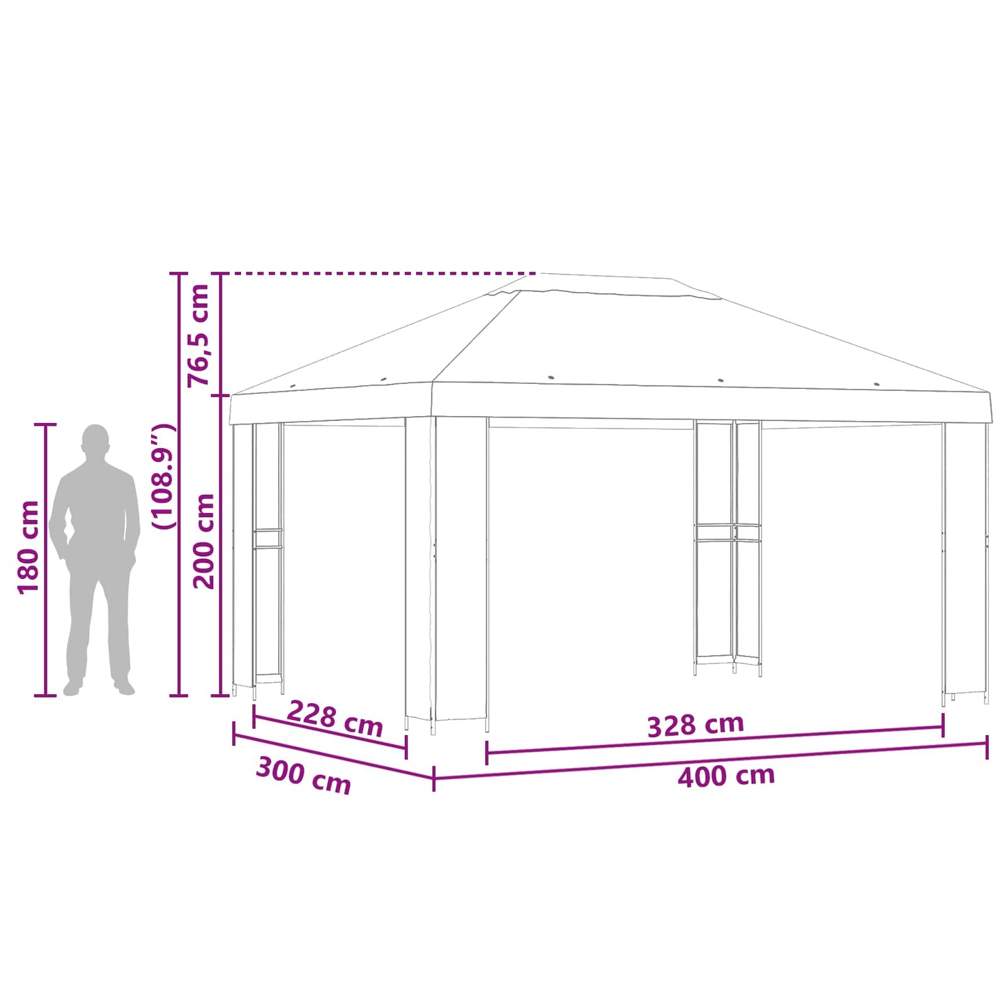 Pavillon 4 x 3 m Schwarz Polyester und Stahl 190