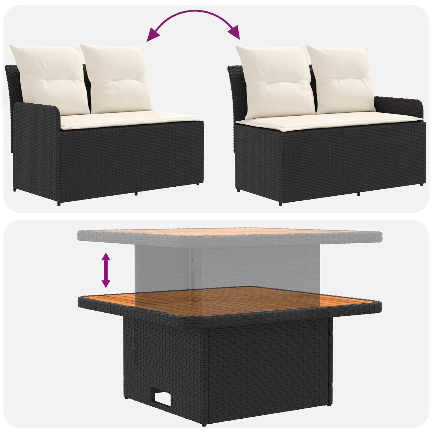 Garten Armlehnen Sofa mit Klapptisch 2 Stück Schwarz und Creme