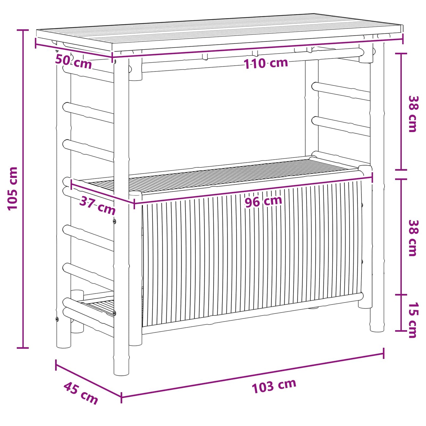 Outdoor Bartisch mit Speicher Natur 110 x 50 x 105 cm Bambus