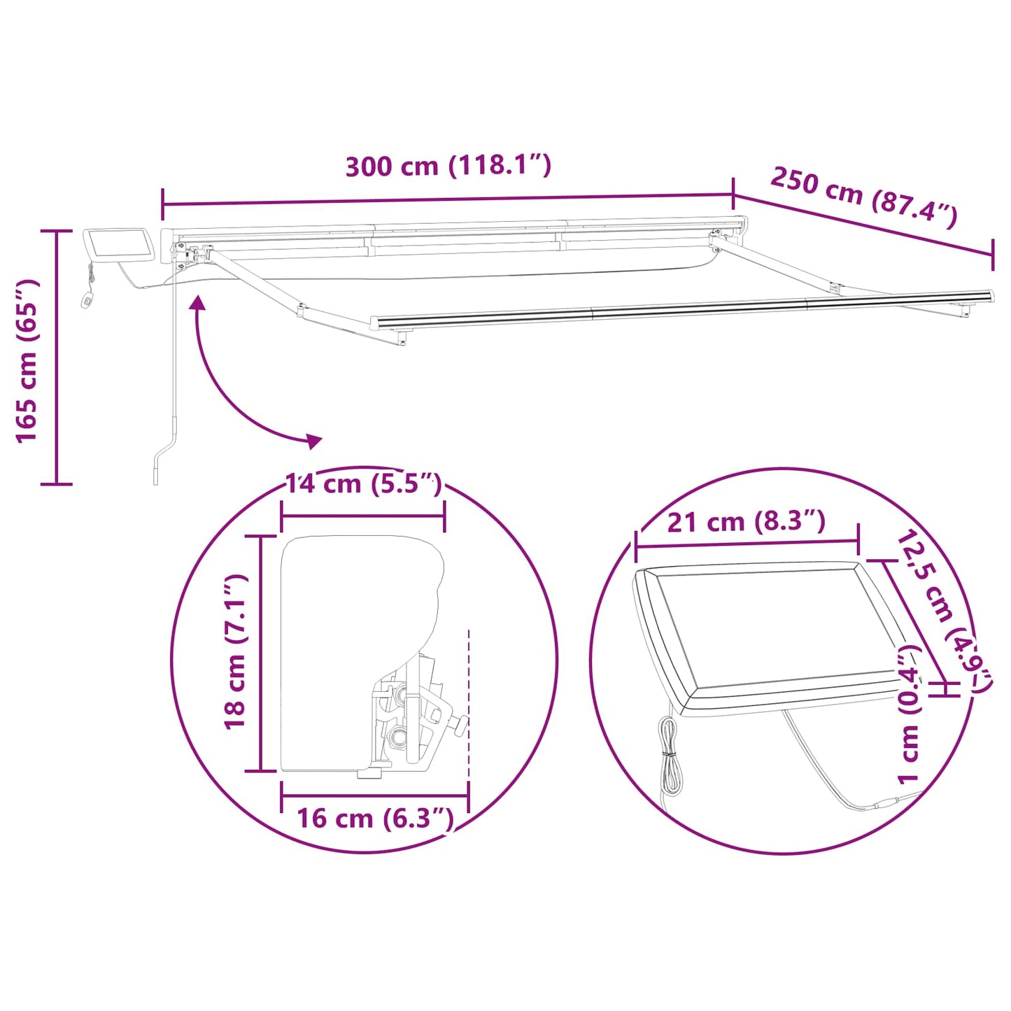 Manueller Markisenrahmen mit LEDs Weiß 3 x 2,5 m Aluminium