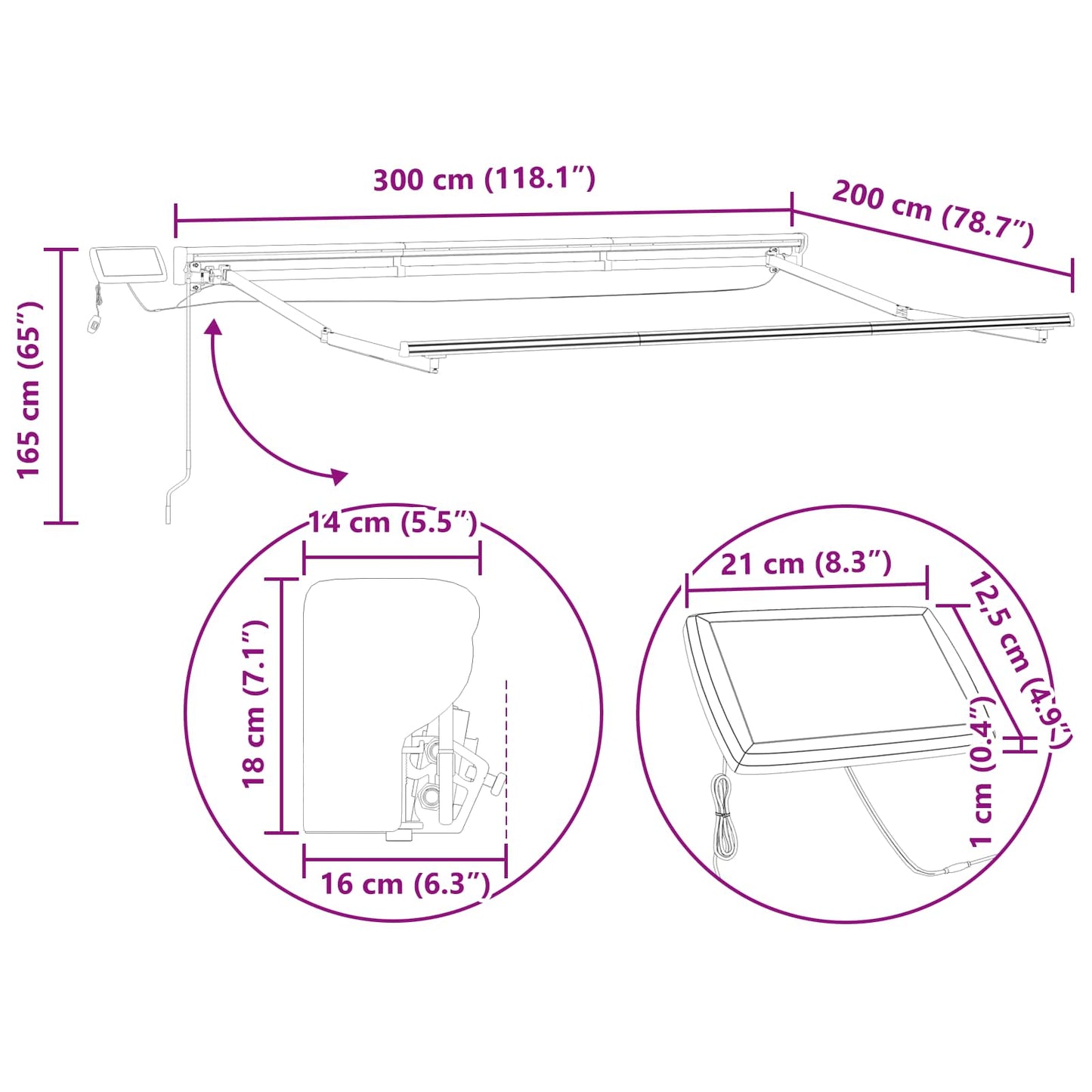 Manueller Markisenrahmen mit LEDs Anthrazit 3 x 2 m Aluminium