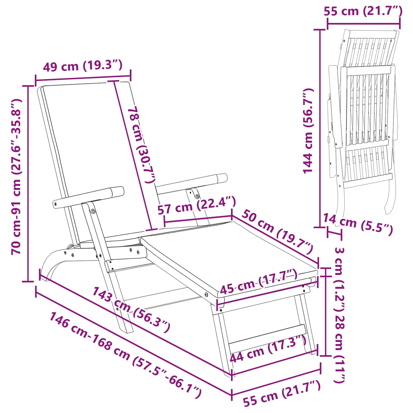 Liegestuhl zum Verstellen und Klappen 55 x 146 x 91 cm