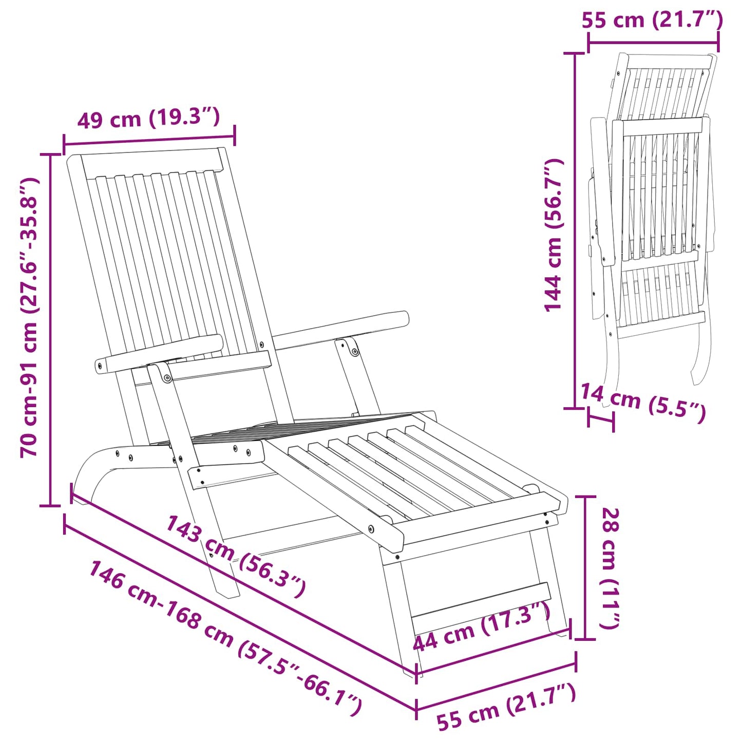 Liegestuhl zum Verstellen und Klappen 2 pcs 55 x 146 x 91 cm