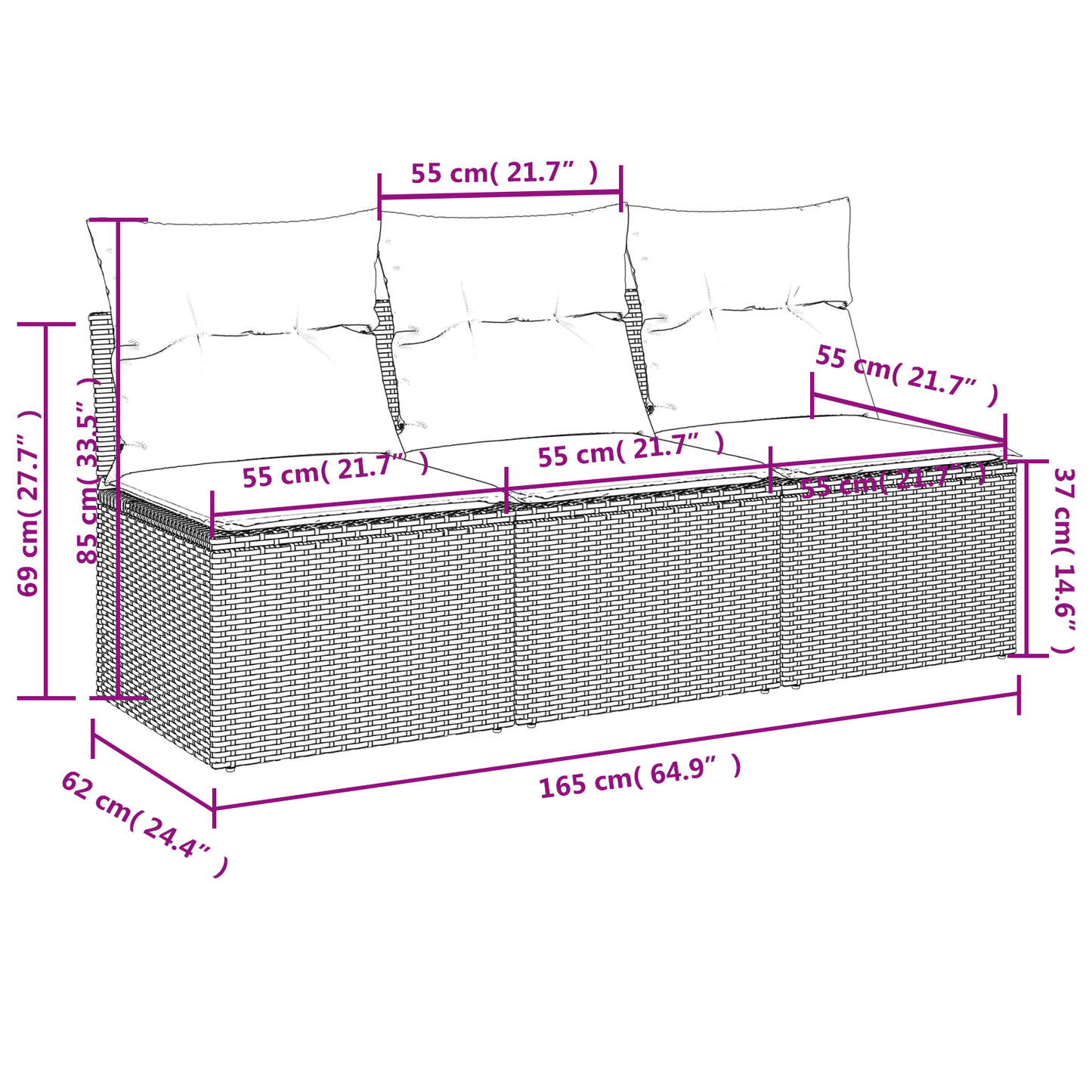 Gartensofa mit Kissen 3-Sitzer Grau Poly Rattan