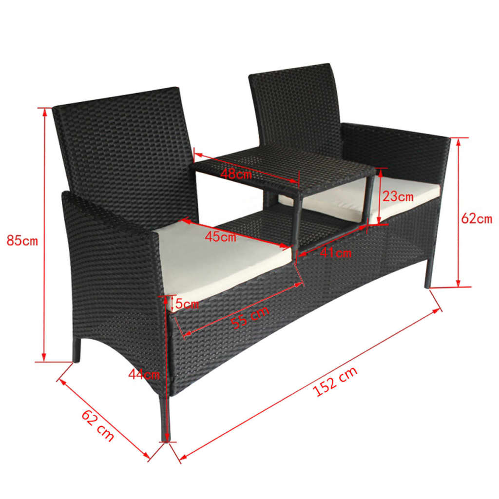Gartensofa 2-Sitzer mit Teetisch Poly Rattan Schwarz