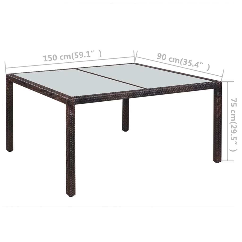 Gartentisch 150x90x75 cm Braun Poly Rattan und Glas