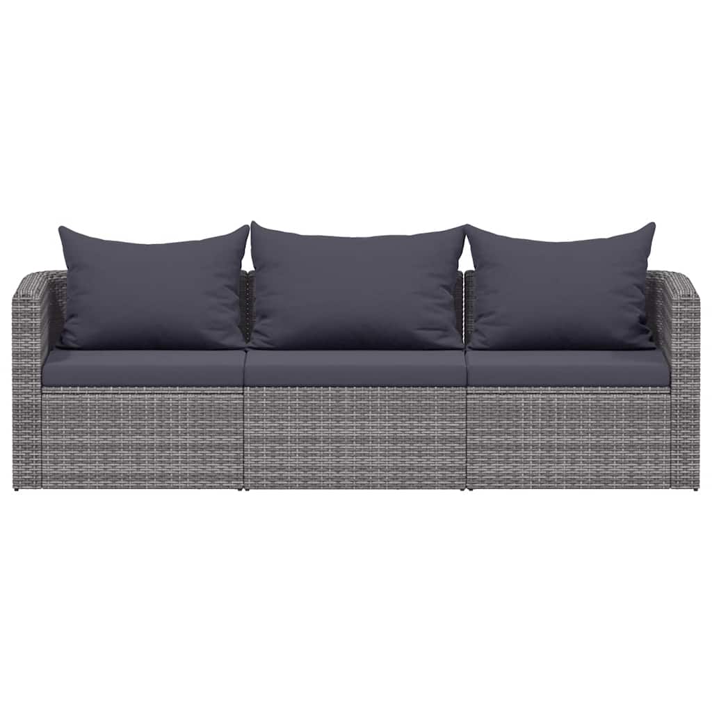 3-tlg. Garten-Sofagarnitur mit Kissen Grau Poly Rattan