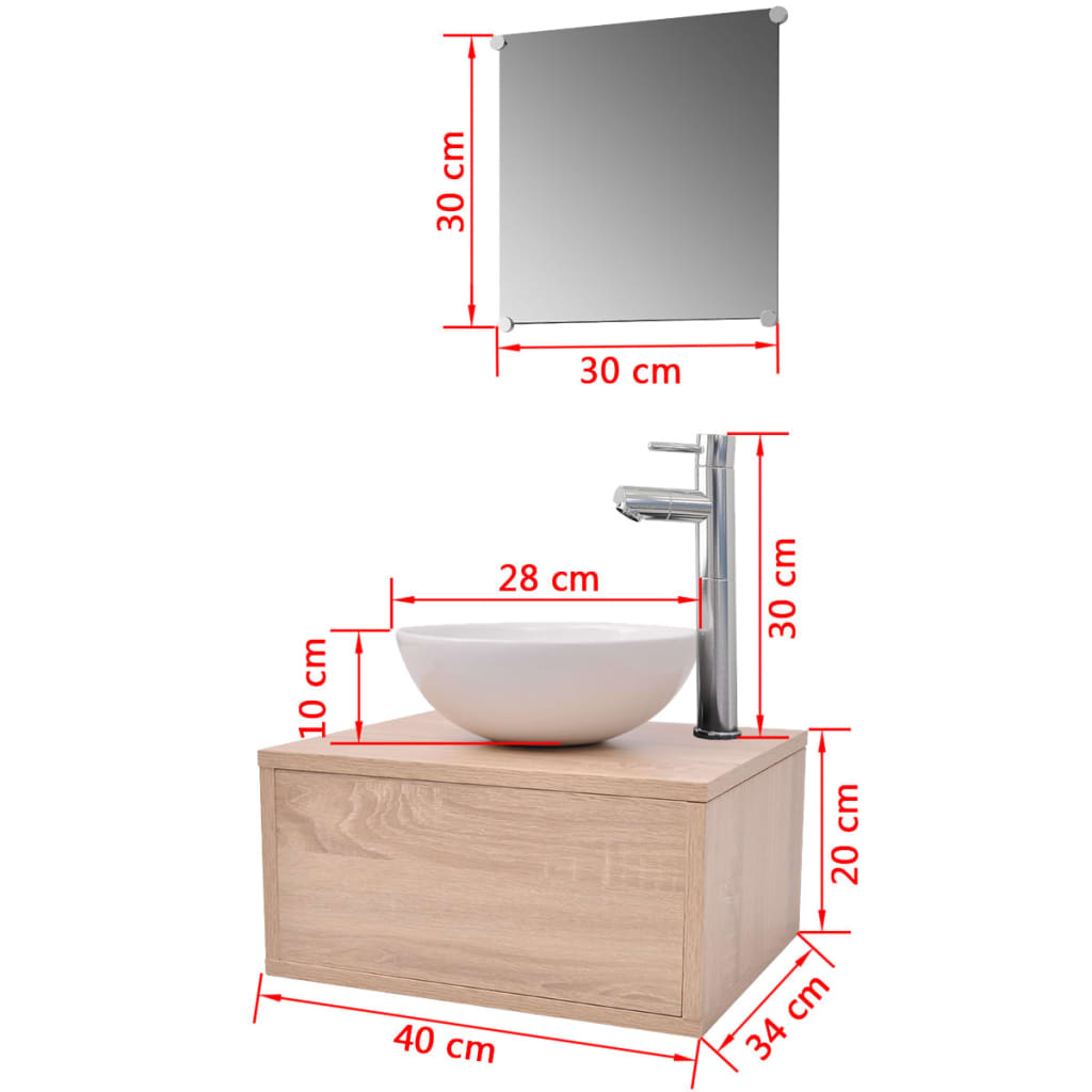 4-tlg. Badmöbel-Set mit Waschbecken und Wasserhahn Beige