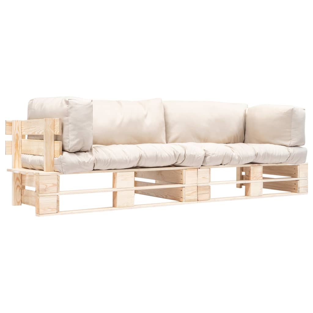 2-tlg. Outdoor-Sofa-Set Paletten Kissen Sandfarben Kiefernholz