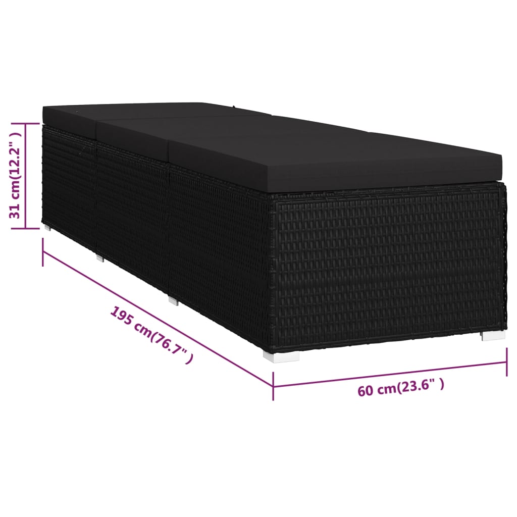 Sonnenliege mit Auflage Poly Rattan Schwarz