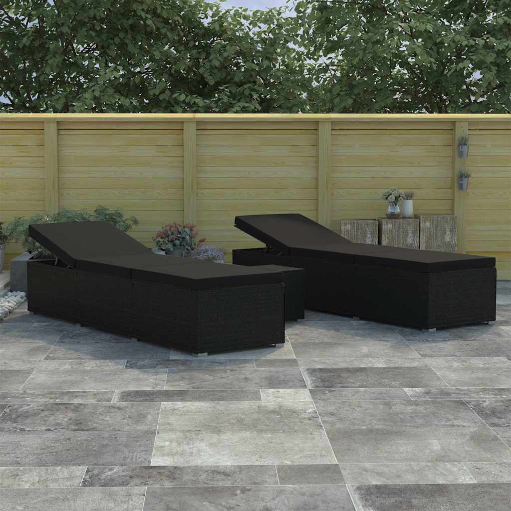 Garten Sonnenliegen mit Kissen 3 pcs Schwarz Poly Rattan