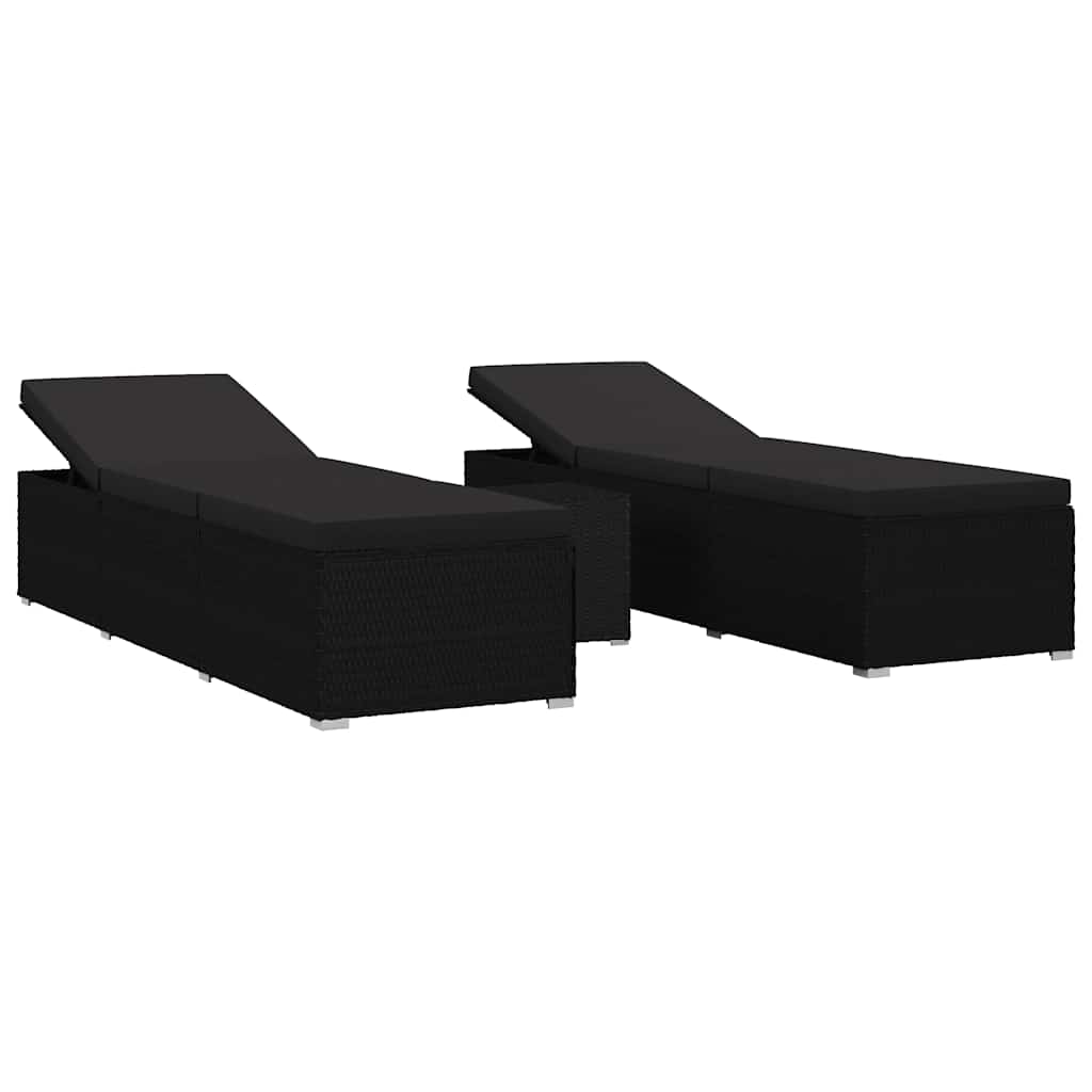 Garten Sonnenliegen mit Kissen 3 pcs Schwarz Poly Rattan