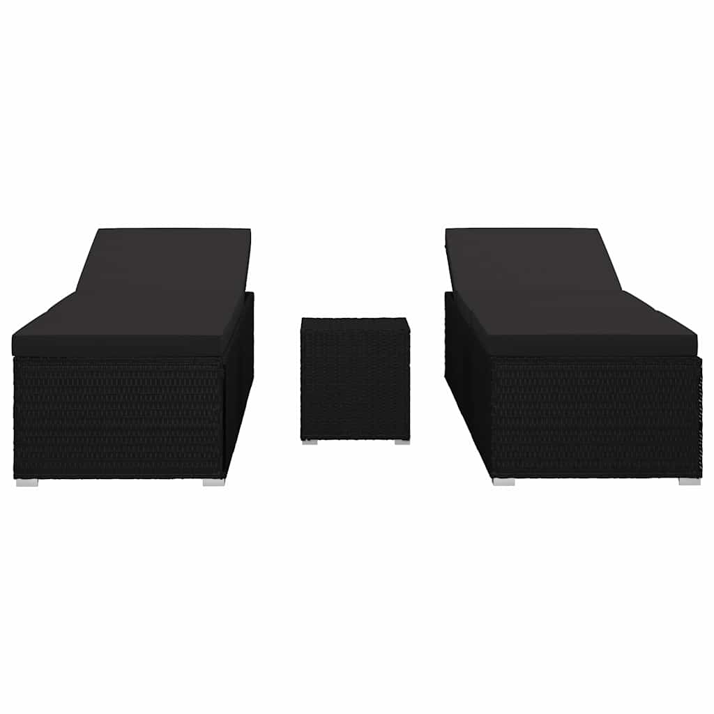 Garten Sonnenliegen mit Kissen 3 pcs Schwarz Poly Rattan