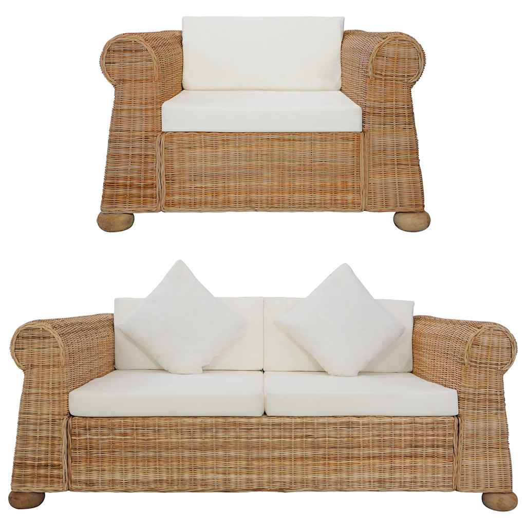 2-tlg. Sofagarnitur mit Kissen Natur Rattan