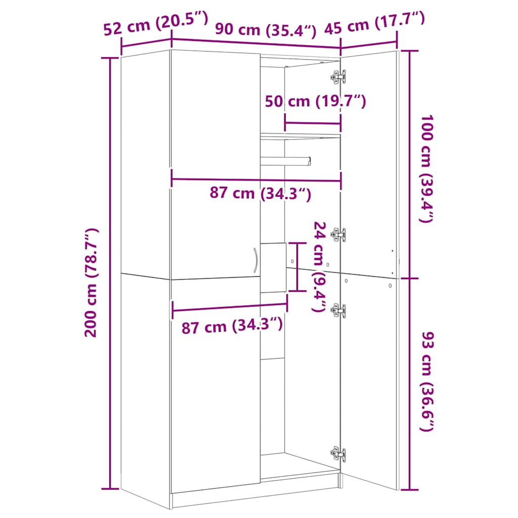 Kleiderschrank Schwarz 90x52x200 cm Holzwerkstoff
