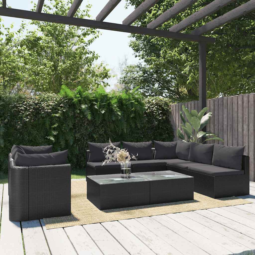 9-tlg. Garten-Lounge-Set mit Auflagen Poly Rattan Schwarz