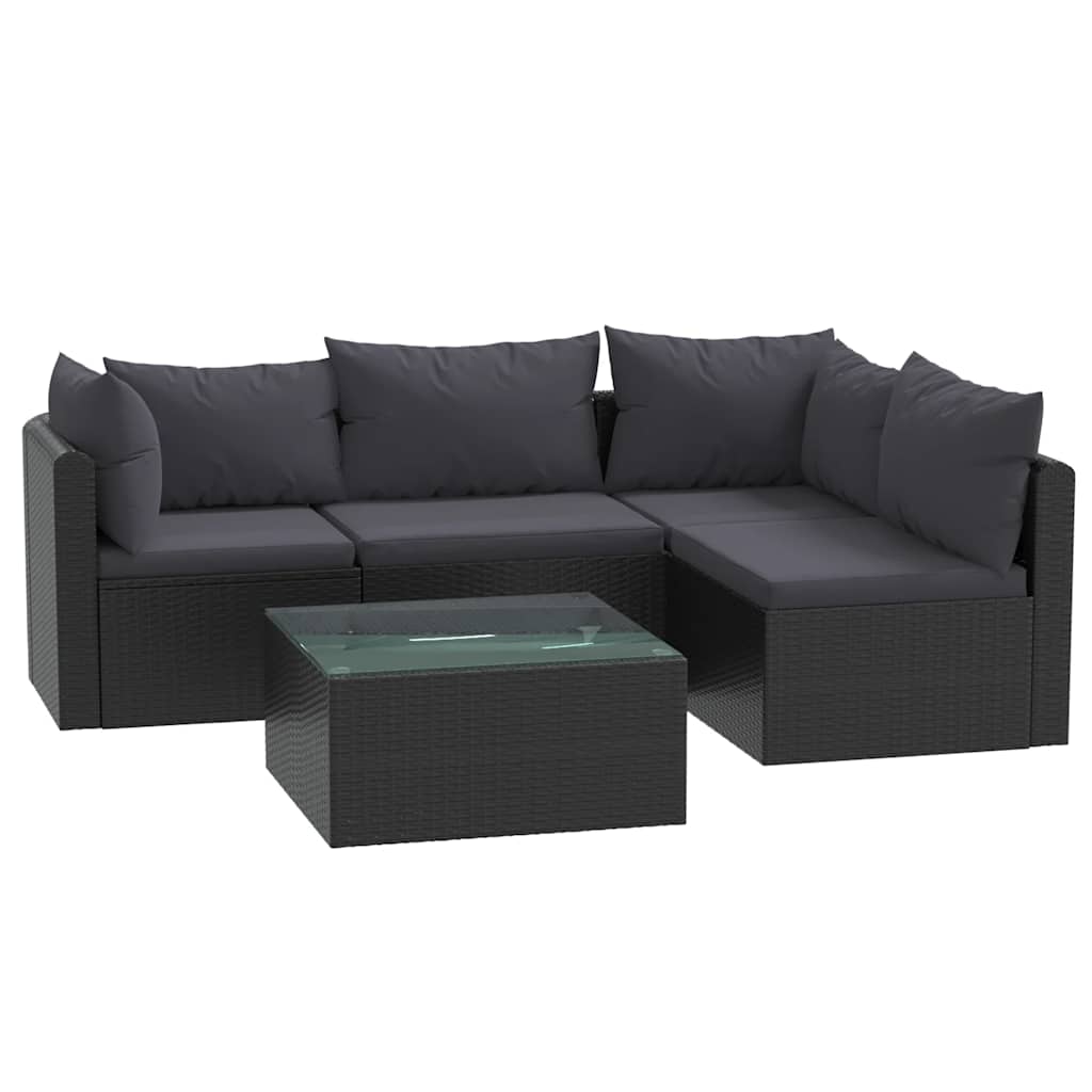 5-tlg. Garten-Lounge-Set mit Auflagen Poly Rattan Schwarz