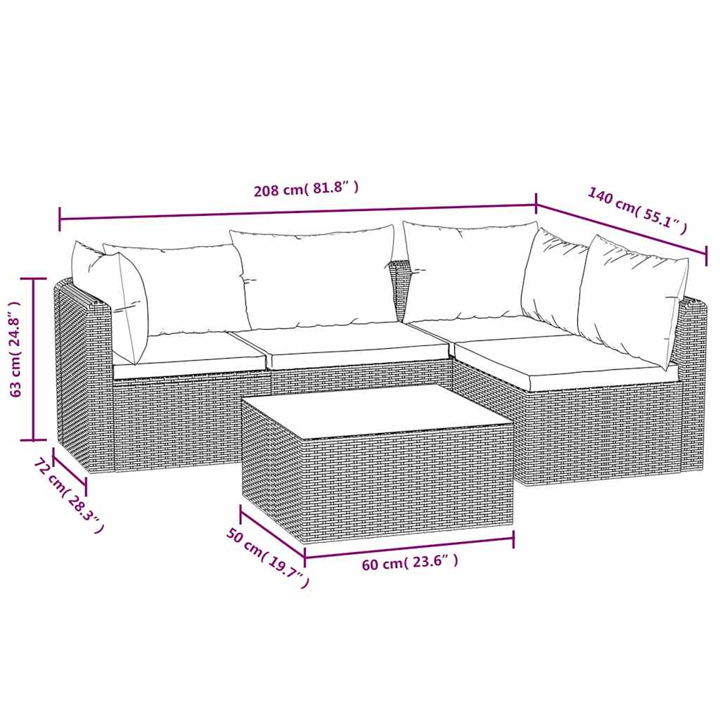 5-tlg. Garten-Lounge-Set mit Auflagen Poly Rattan Schwarz