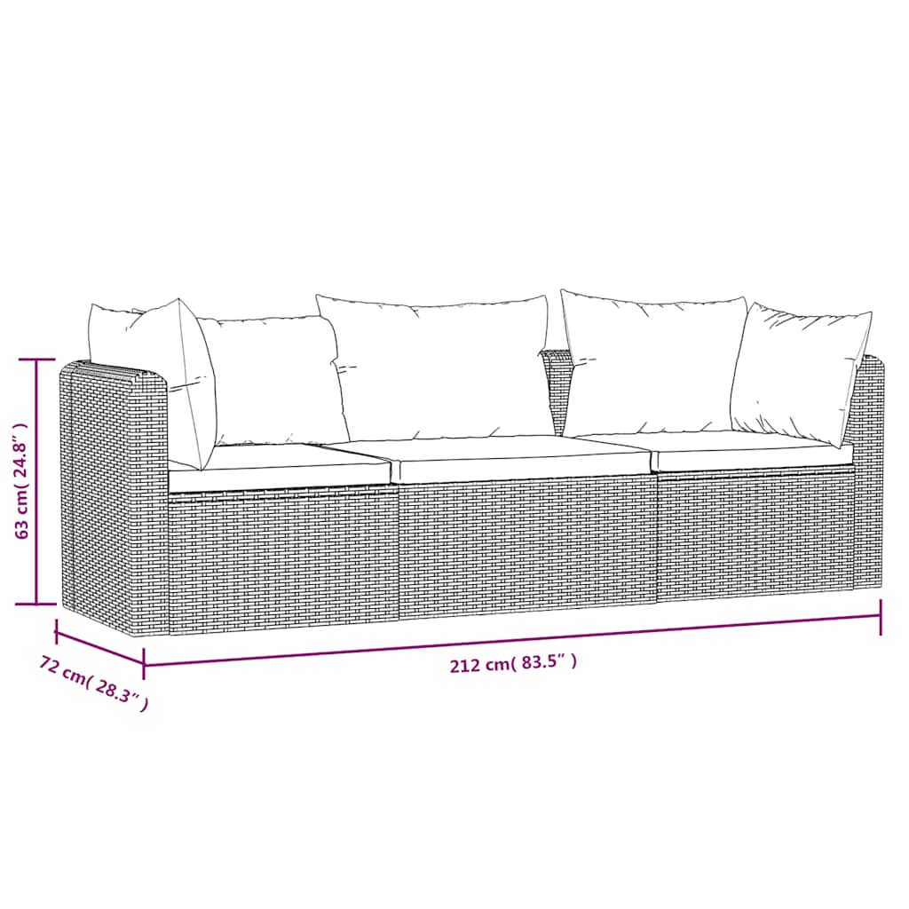 3-tlg. Garten-Sofagarnitur mit Auflagen Poly Rattan Schwarz