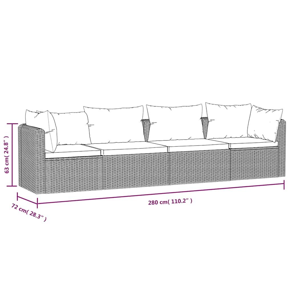 4-tlg. Garten-Sofagarnitur mit Auflagen Poly Rattan Schwarz
