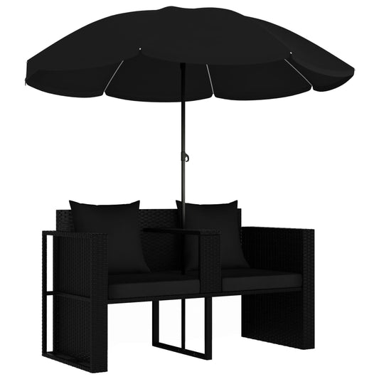 Gartenbett mit Sonnenschirm Poly Rattan Schwarz