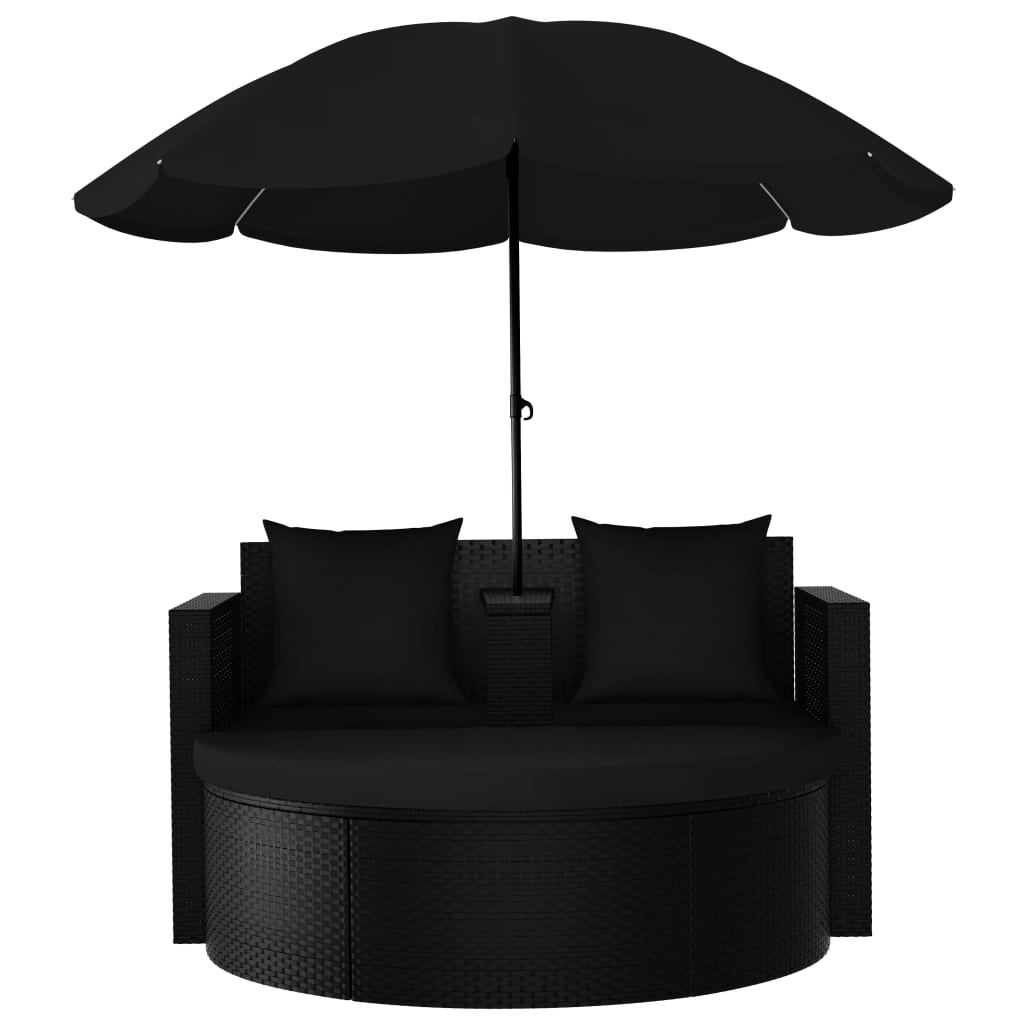 Gartenbett mit Sonnenschirm Poly Rattan Schwarz