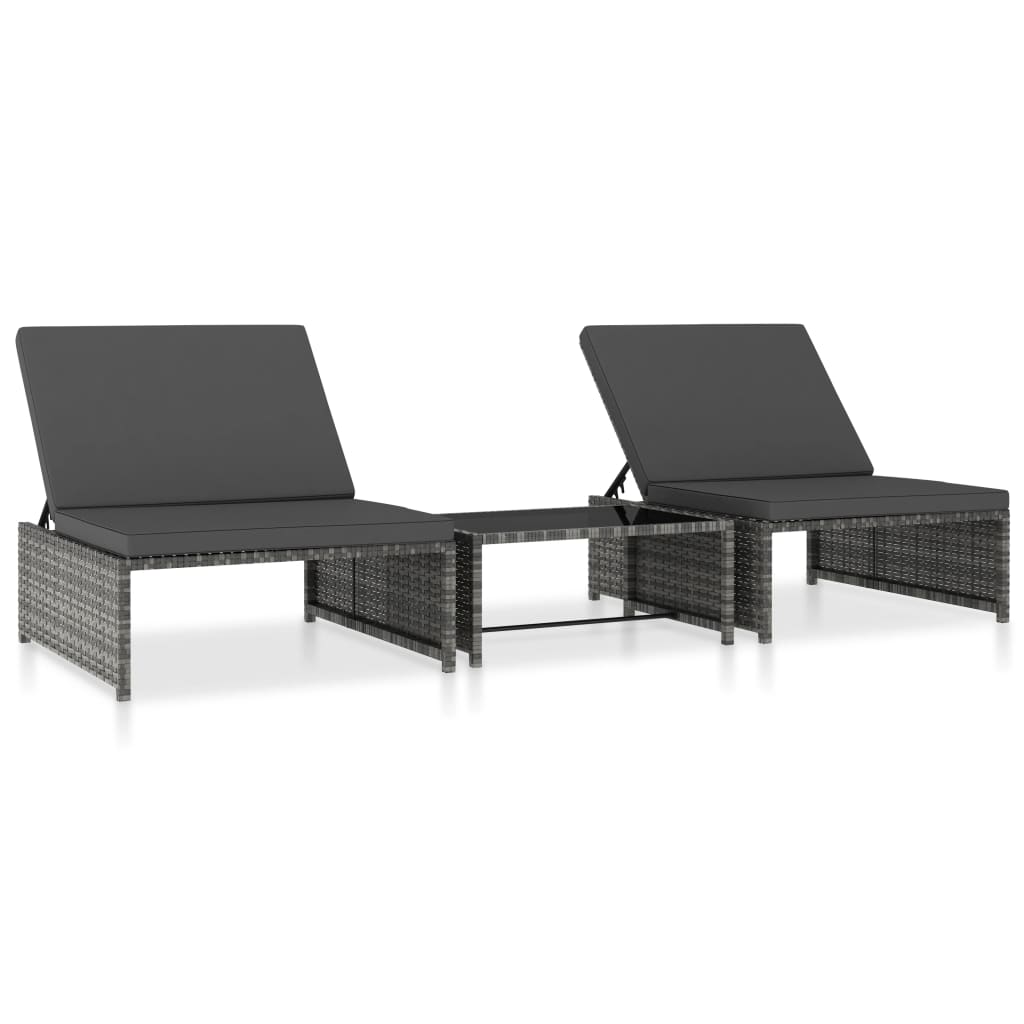 Sonnenliegen 2 Stk. mit Tisch Poly Rattan Grau