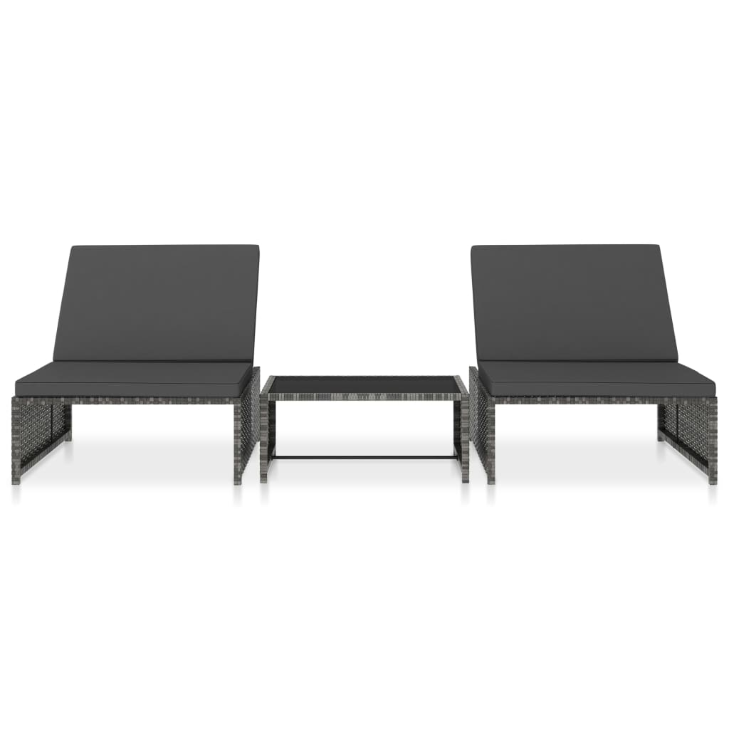 Sonnenliegen 2 Stk. mit Tisch Poly Rattan Grau