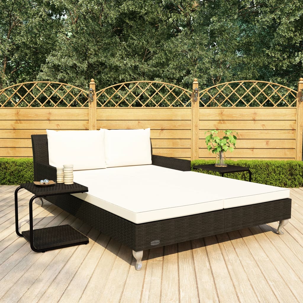 2-Personen-Sonnenliege mit Auflagen Poly Rattan Schwarz