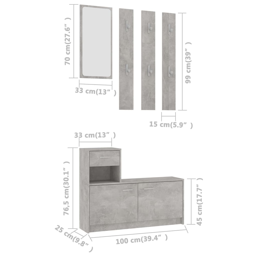 Garderobenset Flur Betongrau 100x25x76,5 cm Holzwerkstoff