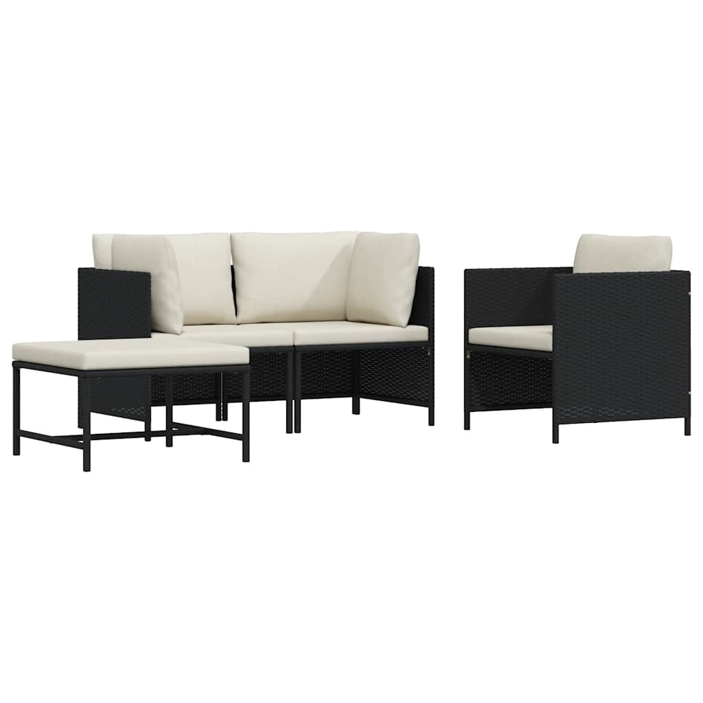 4-tlg. Garten-Sofagarnitur mit Auflagen Schwarz Poly Rattan