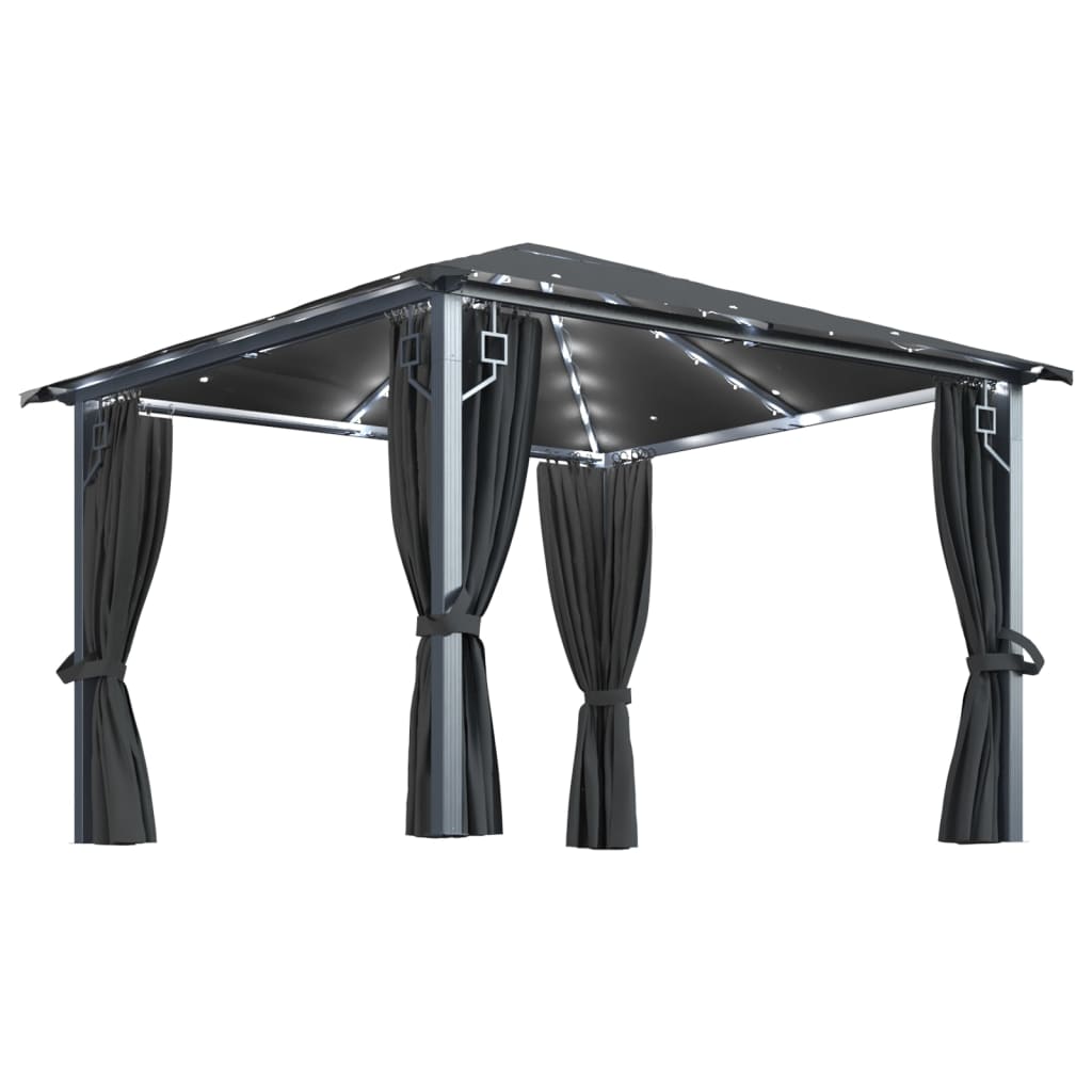 Pavillon mit Vorhängen & LED-Lichterkette 3x3 m Anthrazit Alu