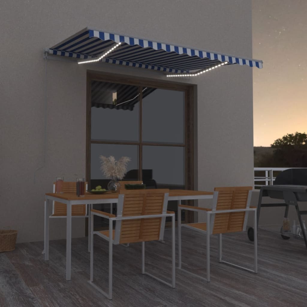 Markise Manuell Einziehbar mit LED 350x250 cm Blau und Weiß