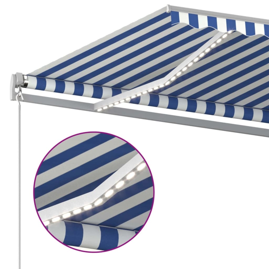 Markise Manuell Einziehbar mit LED 450x300 cm Blau und Weiß