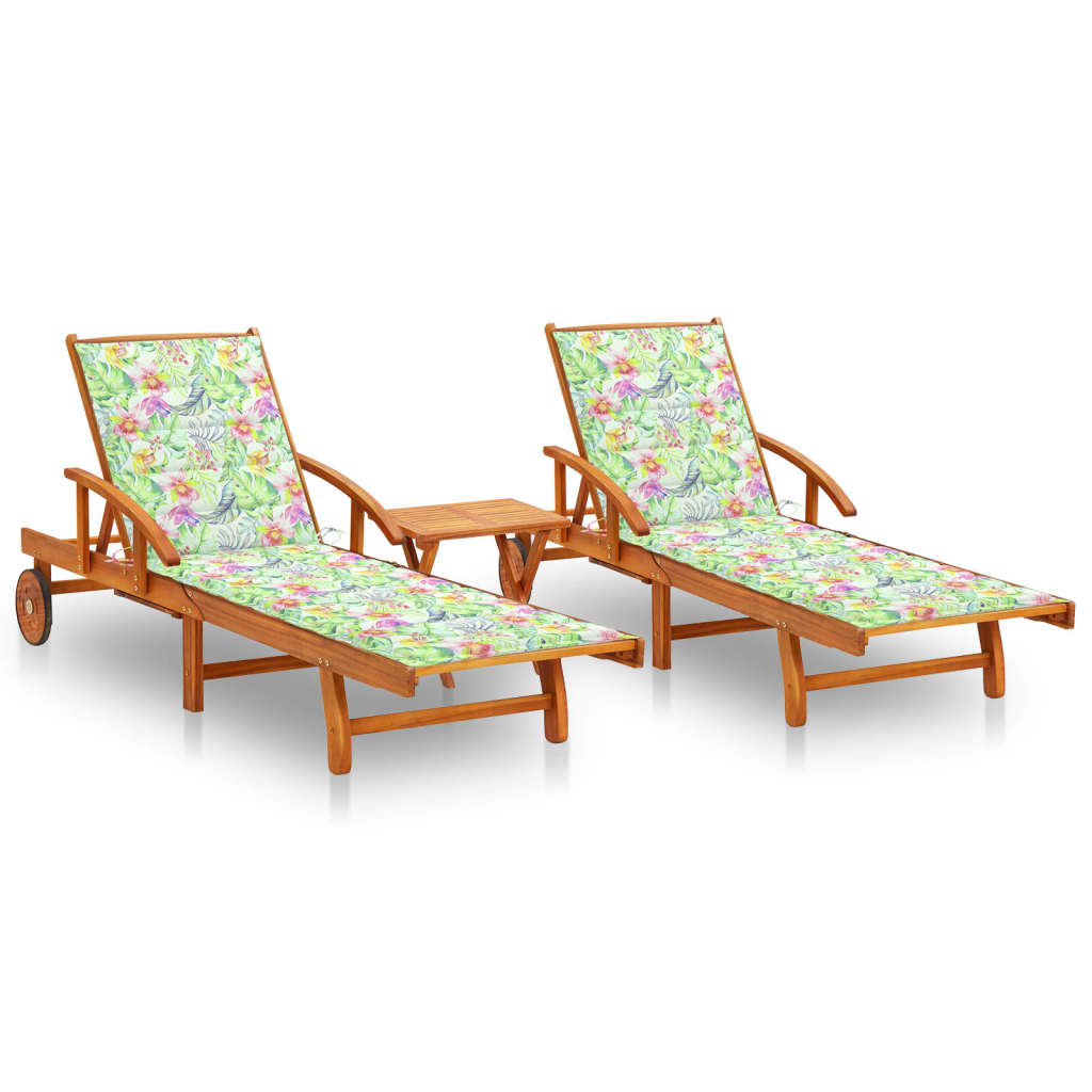 Sonnenliegen 2 Stk. mit Tisch und Auflagen Massivholz Akazie