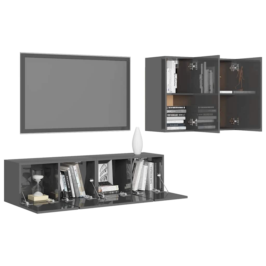 4-tlg. TV-Schrank-Set Hochglanz-Grau Holzwerkstoff