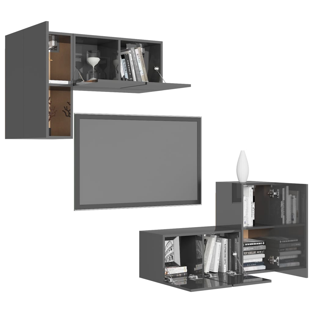 4-tlg. TV-Schrank-Set Hochglanz-Grau Holzwerkstoff