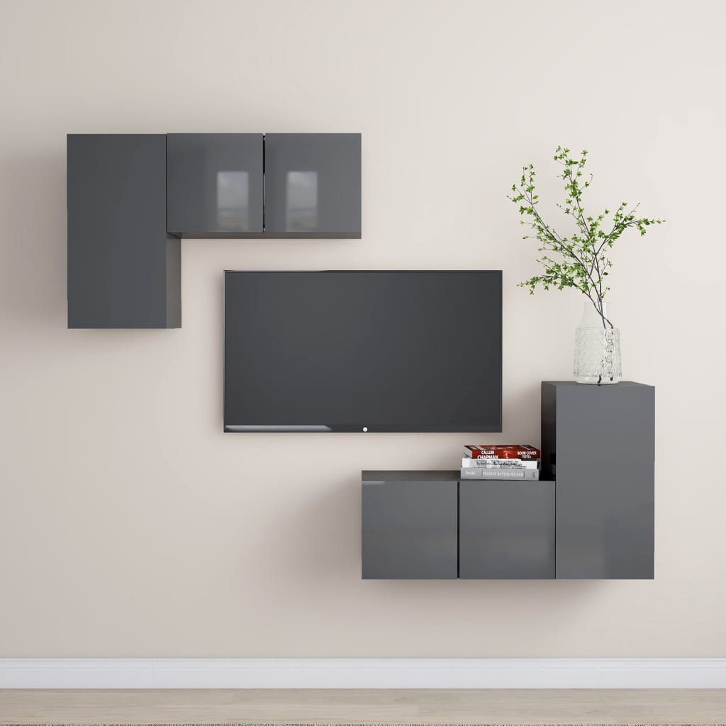 4-tlg. TV-Schrank-Set Hochglanz-Grau Holzwerkstoff