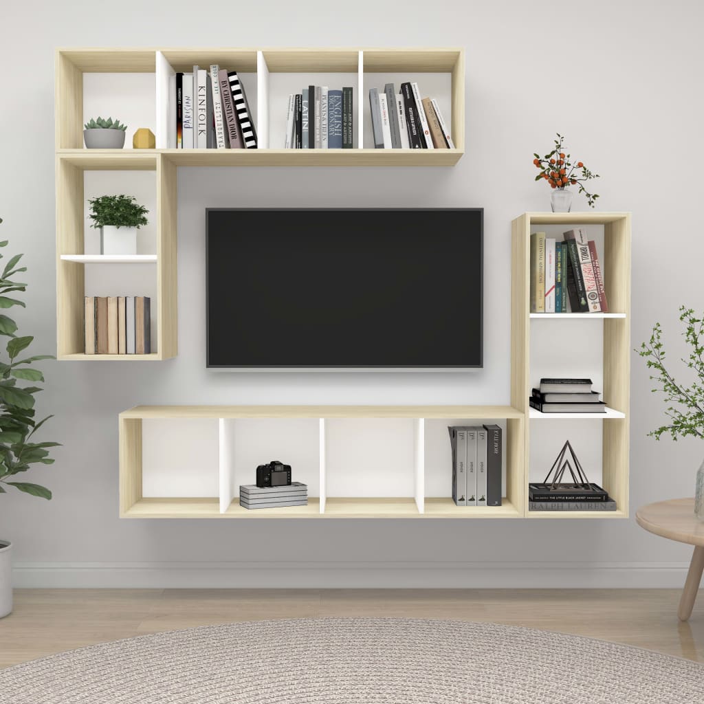 4-tlg. TV-Schrank-Set Weiß Sonoma-Eiche Holzwerkstoff