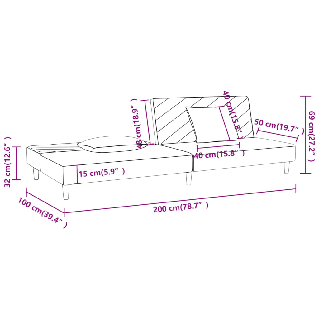 Schlafsofa 2-Sitzer mit 2 Kissen Schwarz Stoff